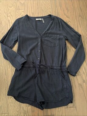 On The Road Navy Button-Front Long Sleeve Romper